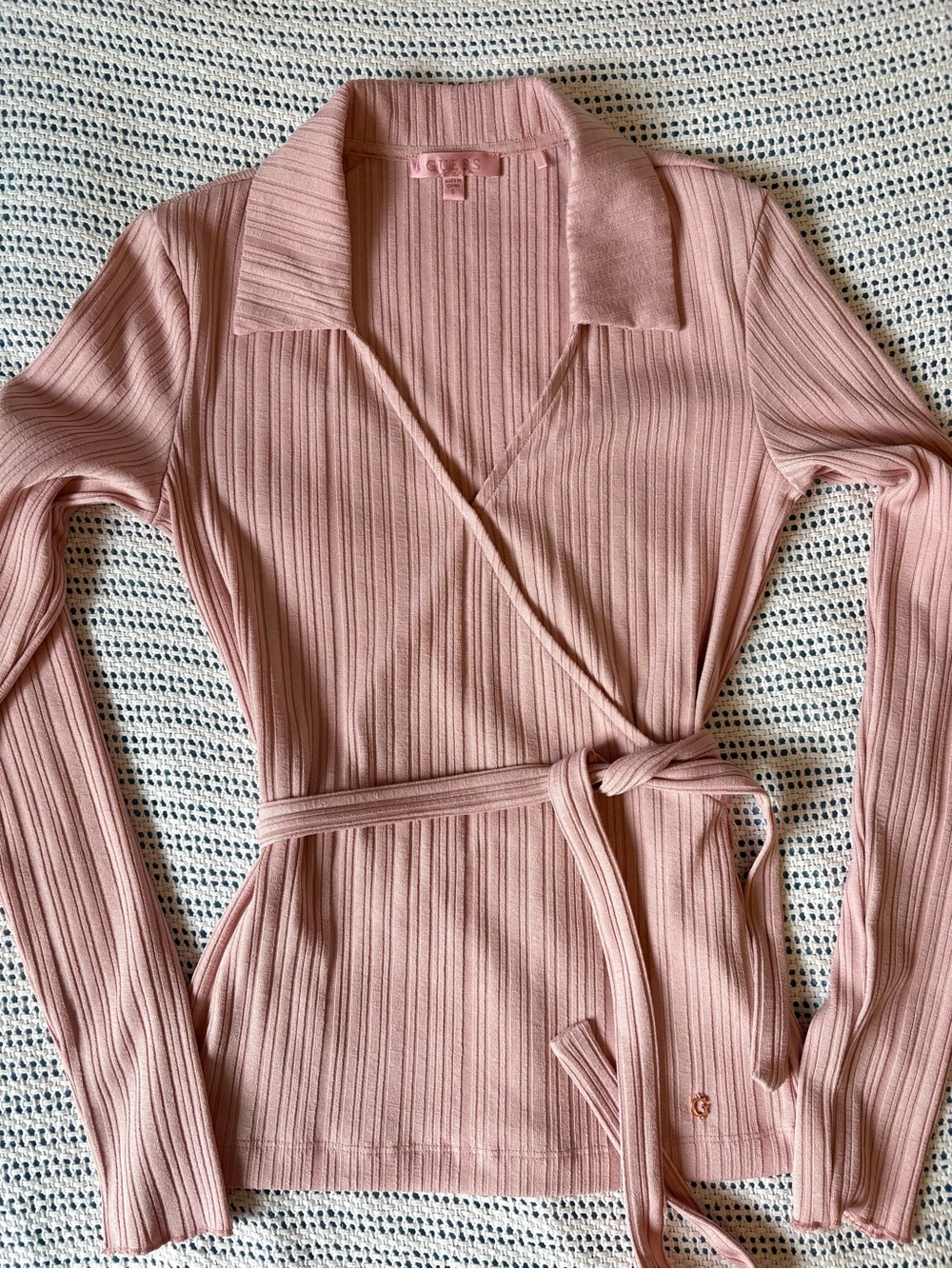 GUESS Y2K Ribbed Wrap babydoll coquette Long-Sleeve Top in Blush Pink